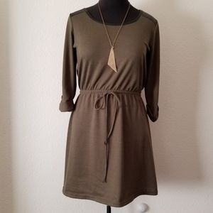 Army green cotton dress with pleather shoulder